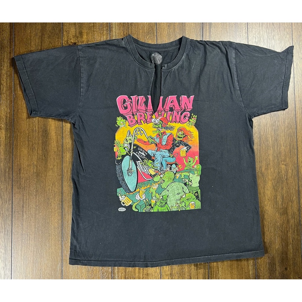 Gilman Brewing Skeleton Biker Graphic Tee Black Distressed Custom Cut Shirt